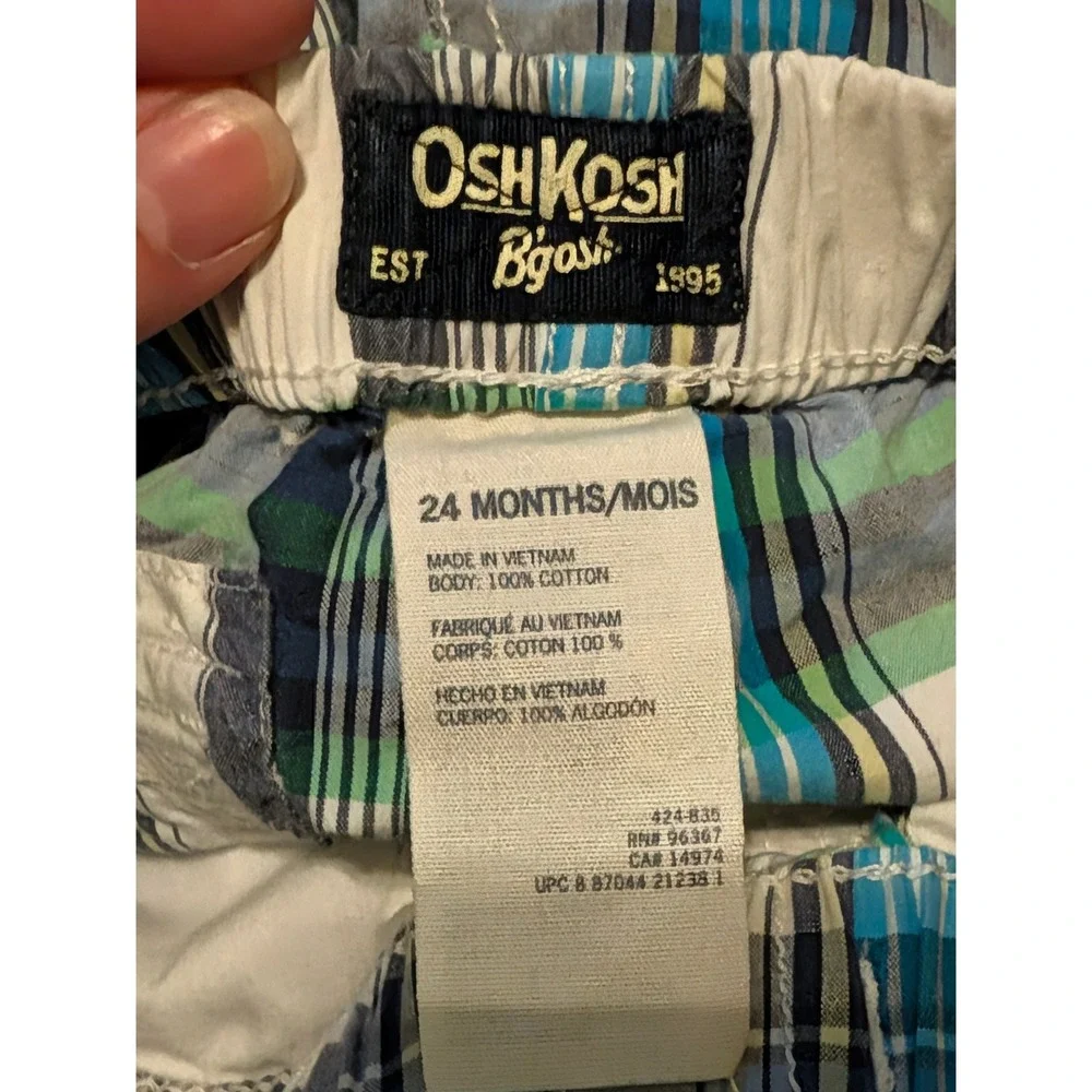 OshKosh B'gosh Toddler Boys Blue Green Plaid Cotton Shorts 24 Months 424-835